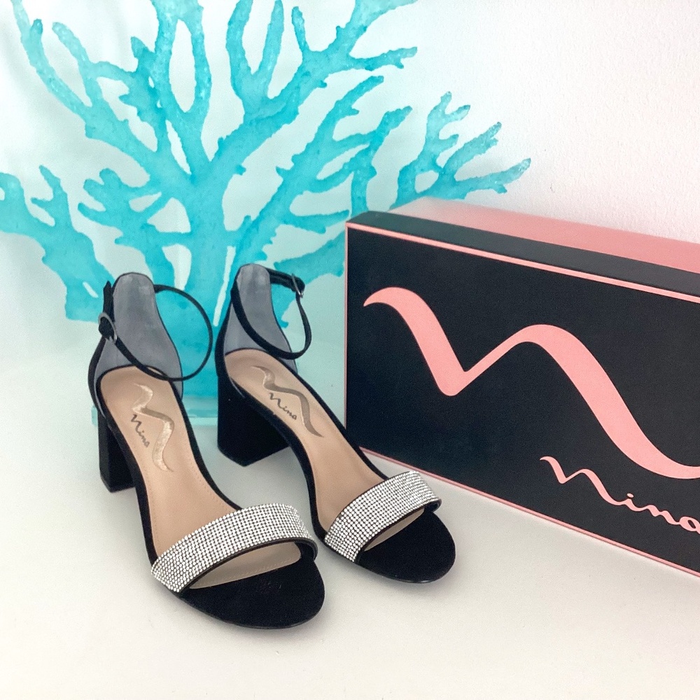 NIB NINA BLACK SUEDE UPPER CRYSTAL EMBELLISHED DRESSY SANDALS 7M